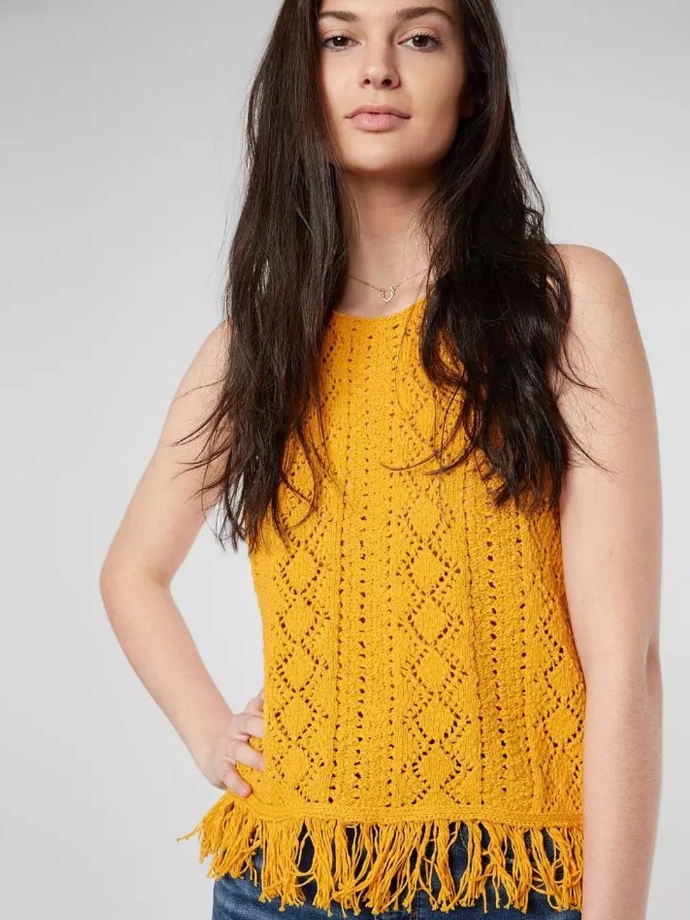 Miss me by buckle yellow crochet sleeveless tank top with frindge boho medium